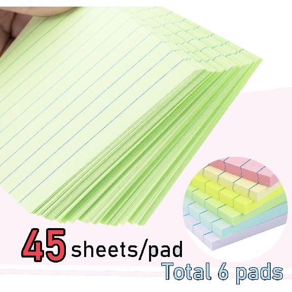 Lined Sticky Notes 4X6 in Pastel Ruled Post Stickies Colorful Super Sticking Memo Pads, 45 Sheets/pad, 6 Pads/Pack