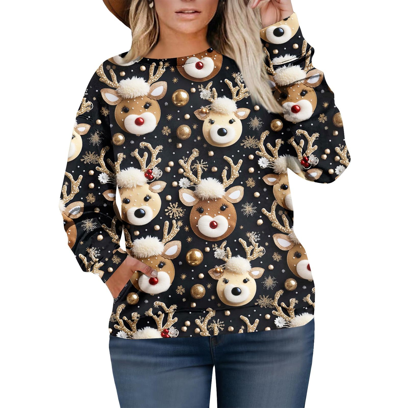 

Рождественские толстовки для женщин свитер милая рубашка осенний пуловер топ L чёрный