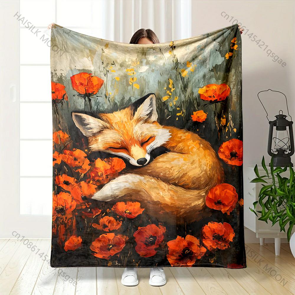 Multiple sizes Fox sleeping among poppies Print Blanket Warm Soft Suitable for All Seasons for Home Sofa Travel Camping Picnics