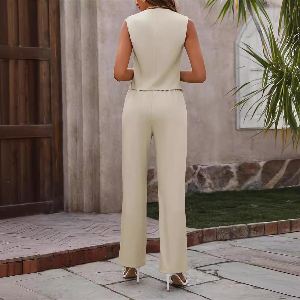 Women's Sleeveless Vest and Wide Leg Pants Set, Light Beige