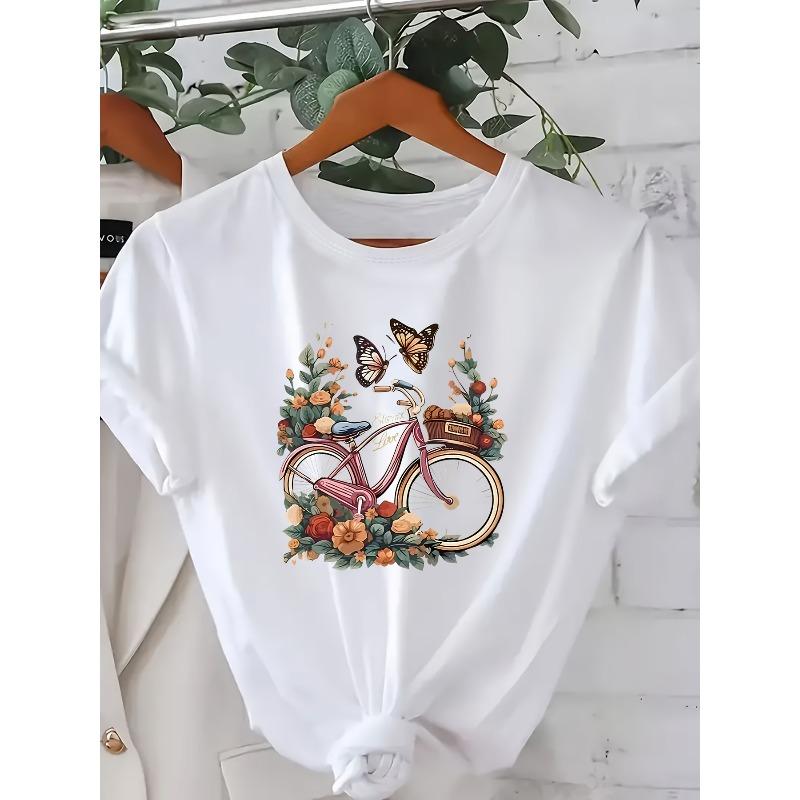 European Size Plus Size - Women'S Casual Short Sleeve T-Shirt | Fresh Academy Style, Loose Fit, Butterfly and Flower Bike Print,Crew Neck