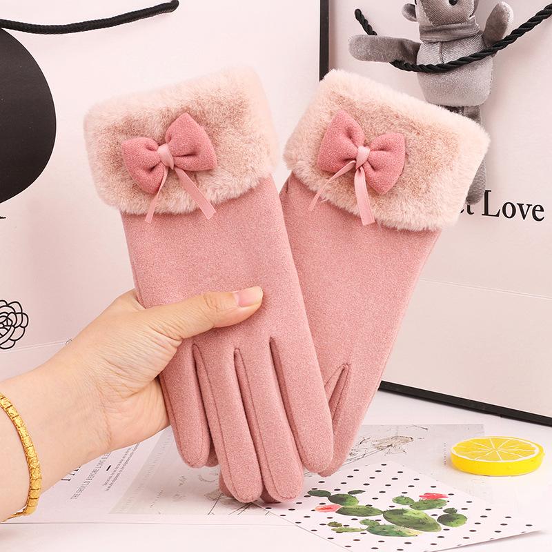 

Теплые перчатки для осени и зимы Женские перчатки из нетканого бархата с кружевом и кроличьим мехом для велоспорта, утепленные плюшем, с сенсорным экраном для зимы One size