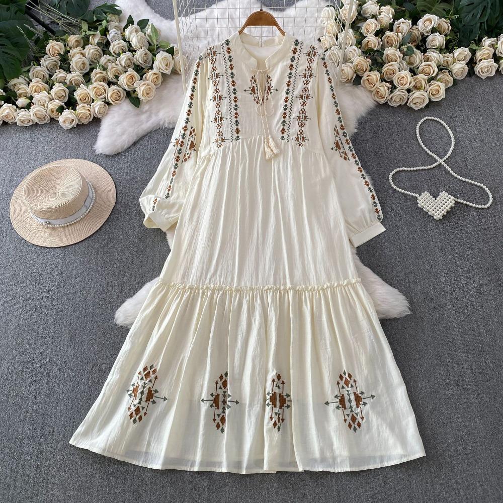 Women's Ethnic Style Embroidered Stand Collar Long Sleeve Maxi Dress for Summer