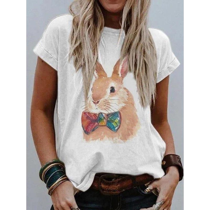 

Летний топ с круглым вырезом и принтом 3D кролика, модные повседневные женские футболки с короткими рукавами XS