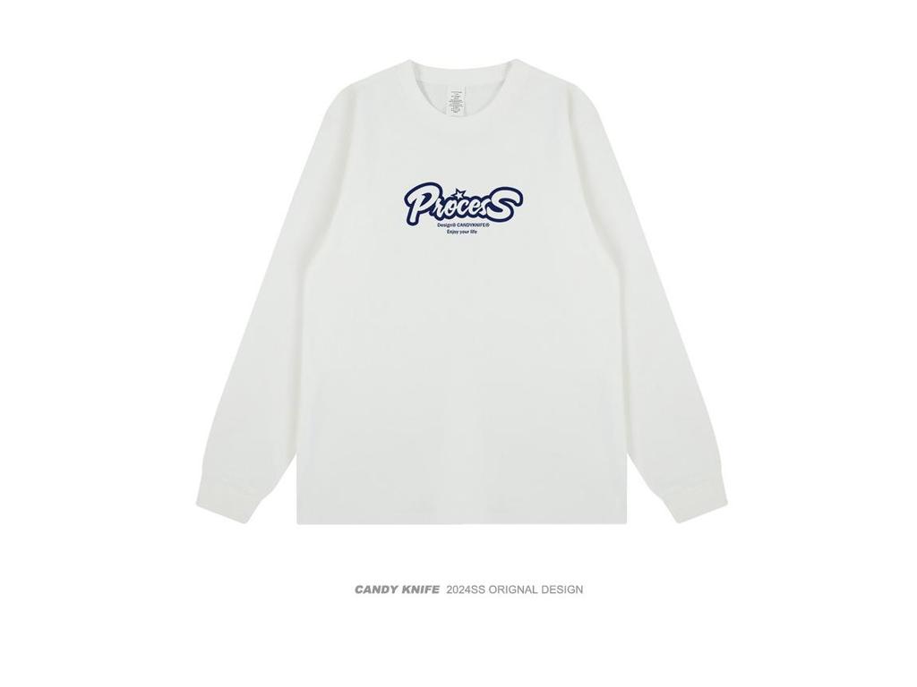 Hong Kong Retro Letter Print Unisex Loose-Fit Cotton Long Sleeve T-Shirt
