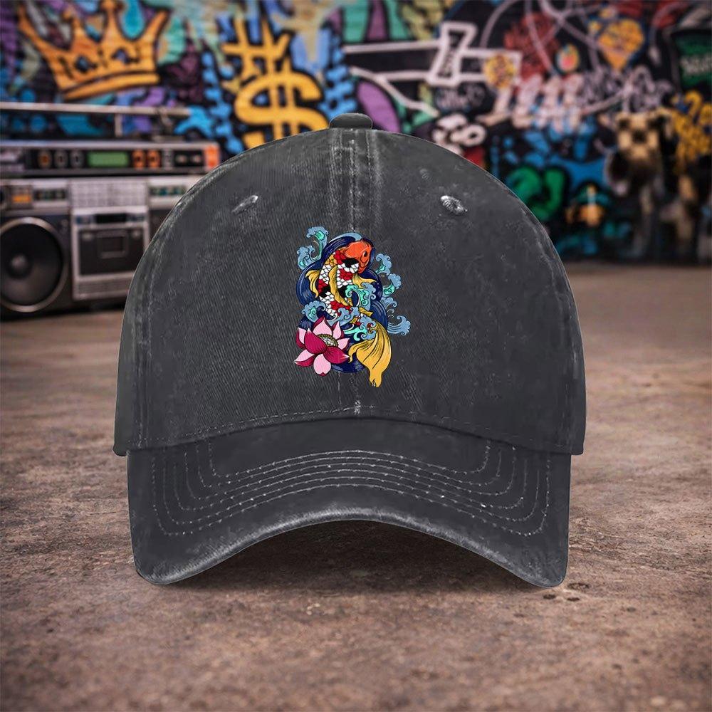 Pc Unisex And Wind Koi Lotus Vintage Washed Baseball Cap  UnisexS Trendy Hat  Versatile Duckbill Cap  Fun Print  Unique Birth