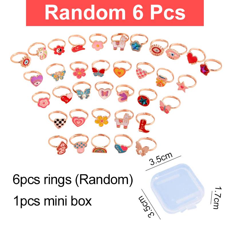6/9/12/36pcs Cute Adjustable Rings Children Girls Pretend Play Makeup Toys Cartoon Crystal Jewelry Alloy Animal Enamel Rings