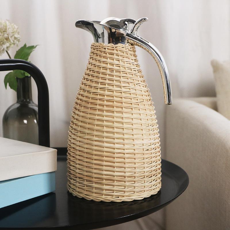 European Style Rattan Woven Stainless Steel Insulated Coffee and Hot Water Thermos Pot
