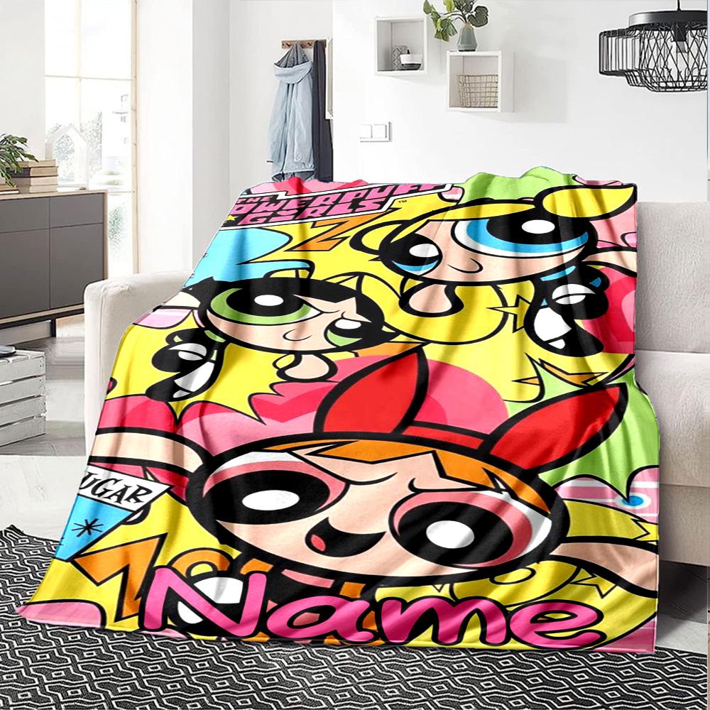Custom Name Powerpuff Girls Adventure Flannel Blanket for Super Soft Cute Comfort Blanket for Travel Bedding Couch Sofa Blanket