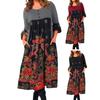 Herbst Frühling Damen Kleid Retro Ethno-Druck A-Linie Big Swing Langarm Rundhalsausschnitt Hohe Taille Lose Taschen Plissee Mittelkalblanges Damen-Midikleid
