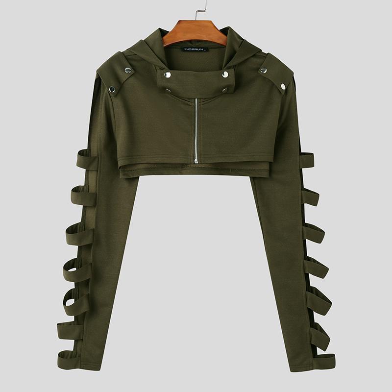 

INCERUN Мужские короткие топы с длинным рукавом, однотонные укороченные толстовки с капюшоном 3XL зелёный