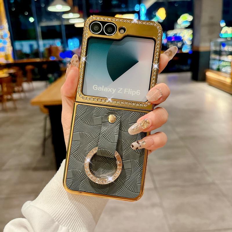 Luksuriøst ensfarget lær galvanisert 2 stk telefondeksel til Samsung Galaxy Z Flip6 Flip5 Flip4 Flip3 Diamantramme Støtsikker Metallring Sammenleggbart deksel