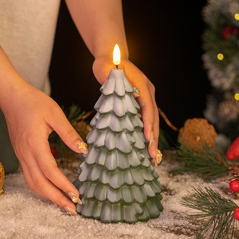 Christmas Tree Shaped Led Candles, Flameless Pillar Candles, Battery Operated Led Candle With 3D Flame Wick, Green Candles