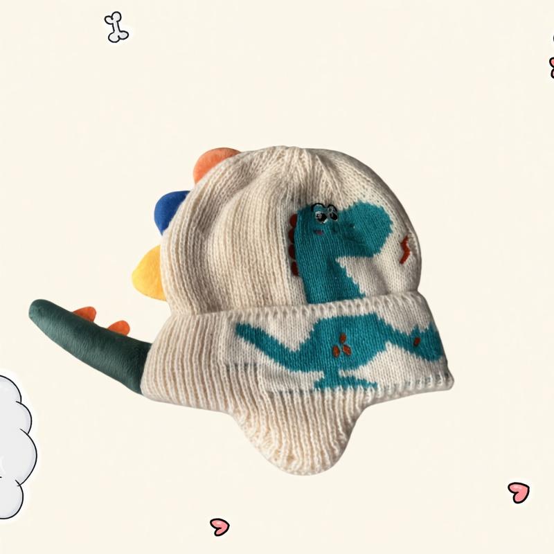 

[Праздничная шапка-бини] Легкая белая акриловая вязаная шапка-бини с динозавром | Праздничная ветрозащита для ушей для детей 3-14 лет - Машинная стирка 1pc бежевый