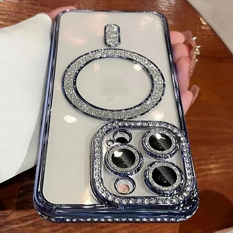 Nové módní třpytivé diamantové průhledné pouzdro pro iPhone 16 15 14 Plus 13 12 11 Pro Max magnetický kryt zad pro bezdrátové nabíjení