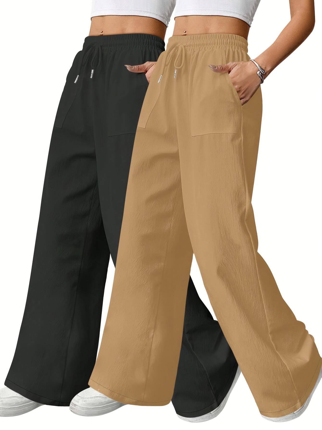 

Plus Size Women s Casual Solid Color Straight-Leg Pants with Comfortable Elastic Waistband, Drawstring, and Pockets. 3XL чёрный/хаки