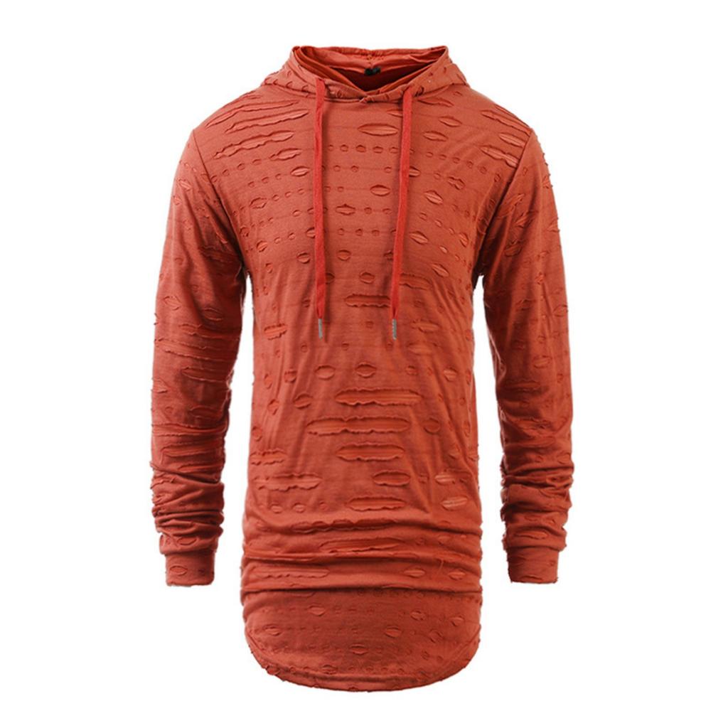 Men's Casual Solid Color Fashionable And Individual Ripped Sweatshirt Men's Mid-length Hooded Sporty Long-sleeved Pullover Top