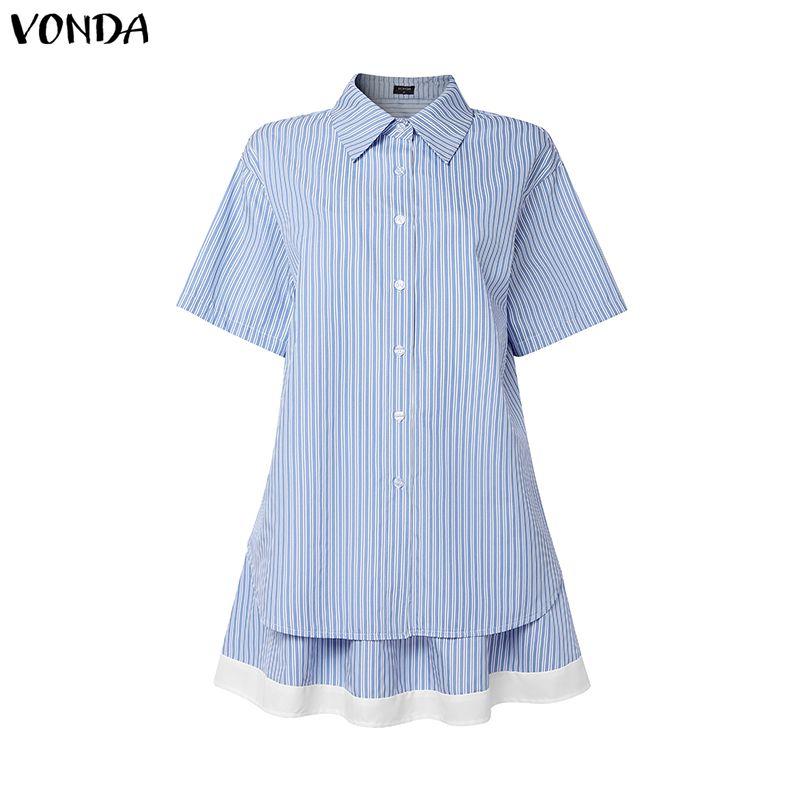 

VONDA Two Piece Suit Women Short Sleeve Lapel Neck Tops and Pleated Mini Skirts Sets 5XL светло-синий