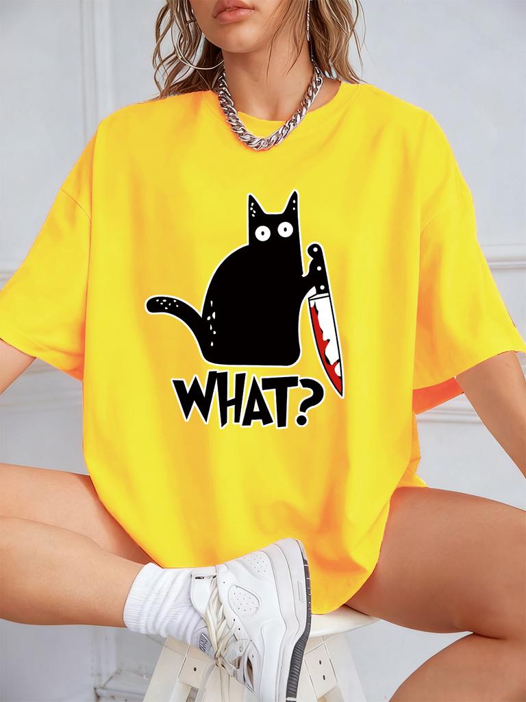 Schwarze Katze mit Messer Aufdrucken Kurzarm T-Shirts Damen Sommer Baumwolle T-Shirts Locker O-Ausschnitt Weiche Oberteile Streetwear