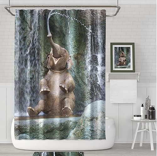Cute Baby Elephant Shower Curtain Waterfall Scene Design Bathroom Decor Jungle Theme Waterproof Bath Curtain