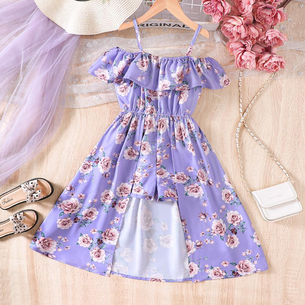 Kinderkleidung Neues Produkt für Mädchen Sommerurlaub Geblümt Rüschen Träger Latzhose DK314-C