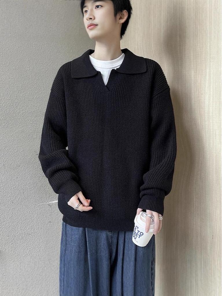 Men's Winter American Style Black Knit Polo Sweater