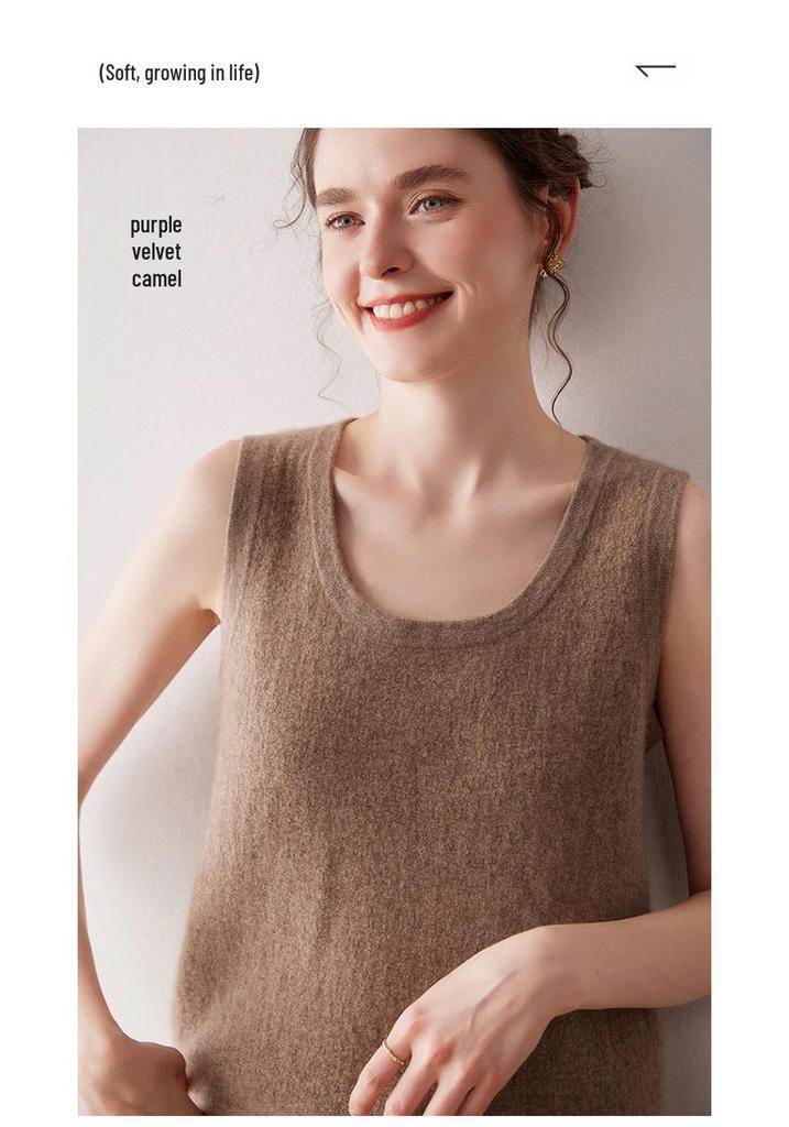 Women's Sleeveless U-neck Cashmere Knit Camisole - Warm Base Layer Vest