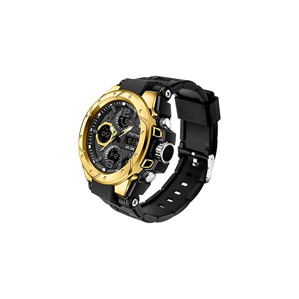 Findtime Men s Digital Analog Watch Waterproof Military Sports Stopwatch Dual Time Alarm LED Black Silver