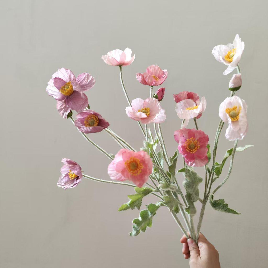 Silk Poppy Flower Flocking Simulation with 4 Heads for Decorative Photography