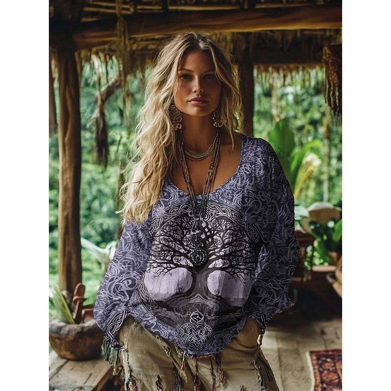 Women's Boho T-shirt Graphic Geometric Elegant Bohemia Vintage Long Sleeve V Neck Regular Tops Daily Weekend