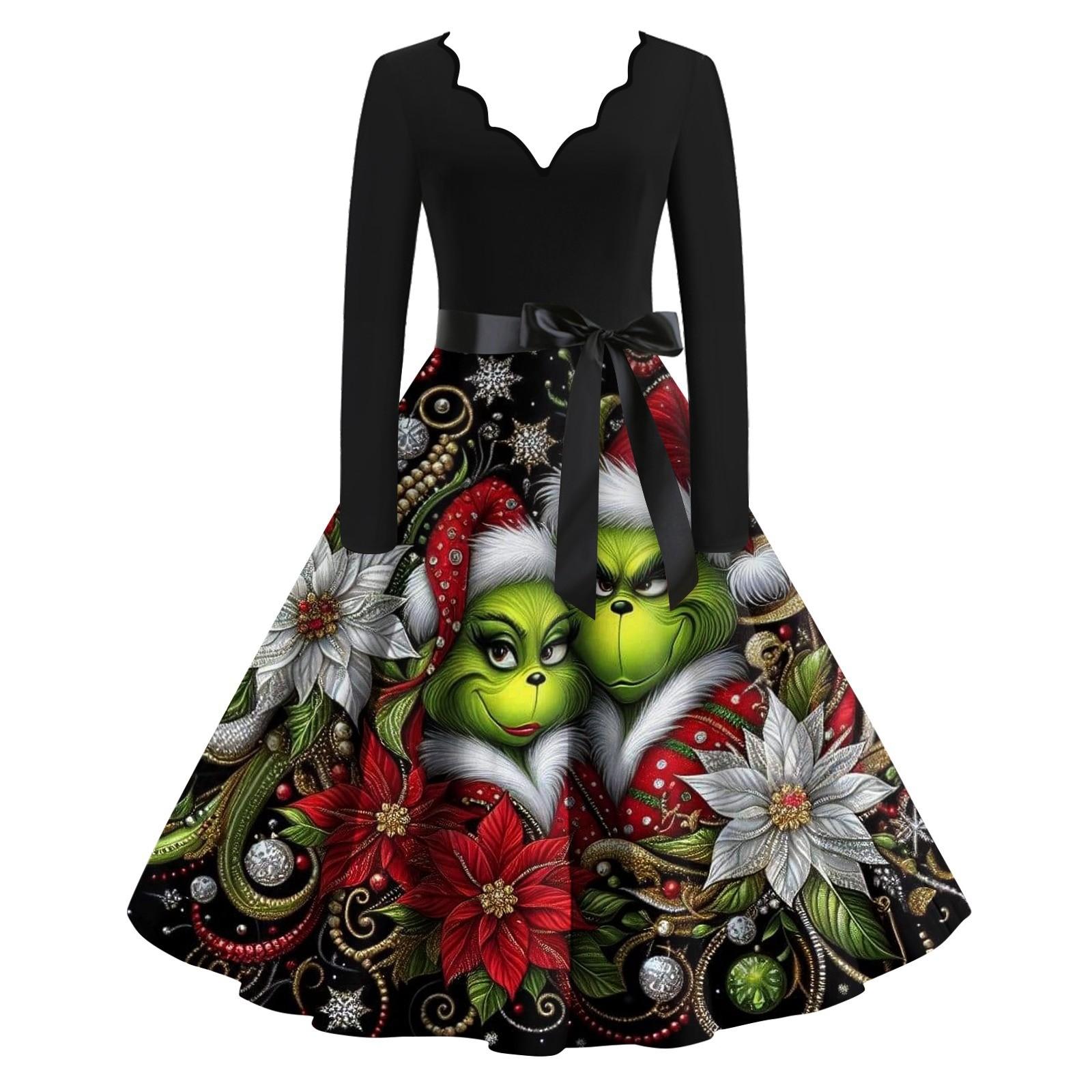 

Женское облегающее платье свободного кроя с рождественским принтом, контрастной строчкой, V-образным вырезом и длинными рукавами M