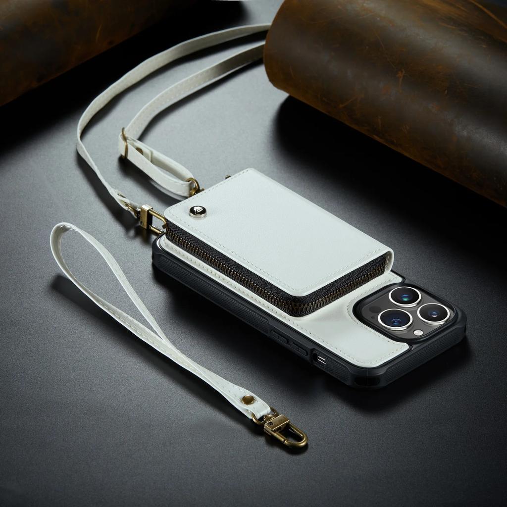Zipper Leather Wallet Phone Case For iPhone 16 Pro Max 14Plus 14 15 13 12 11 Cards Holder Solt Stand Hand Strap Back Cover Coque