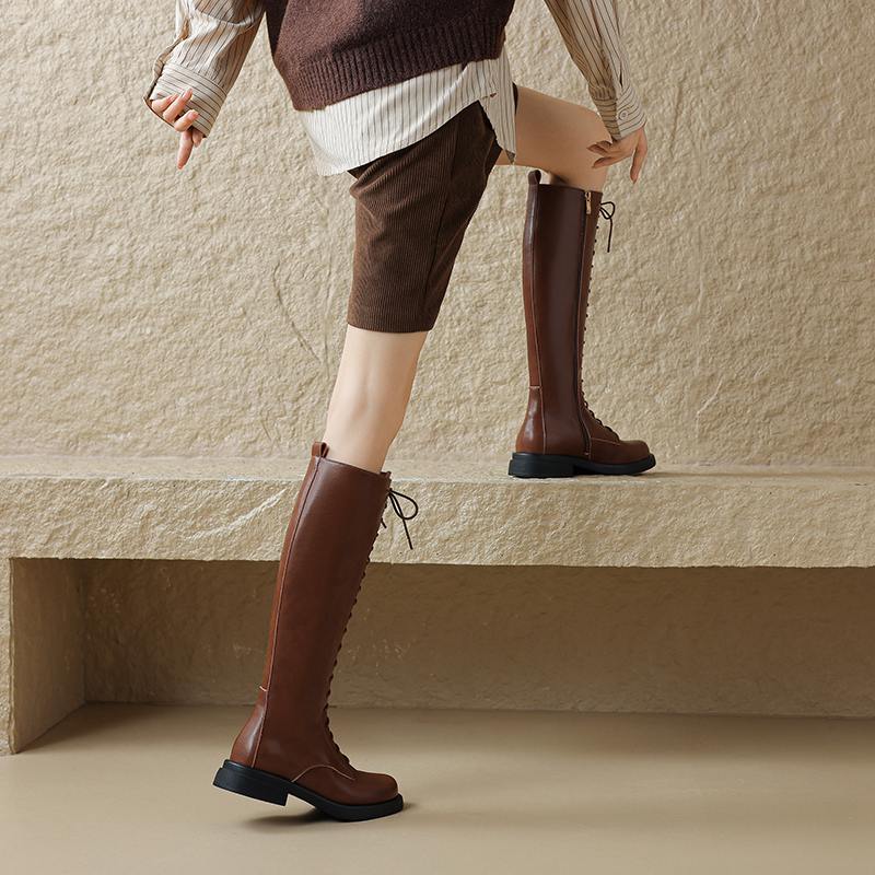 Krazing Pot Cow Split Skin Autumn Winter Shoes Concise Thick Heels Size 41 Thigh High Boots Keep Warm Round Toe Slip On Retro Knee Boots