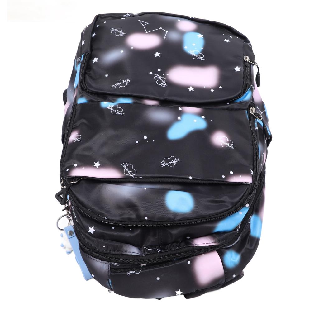 Students Backpack Large Capacity Beautiful Printing Zipper Closure School Shoulder Bag Black Nylon