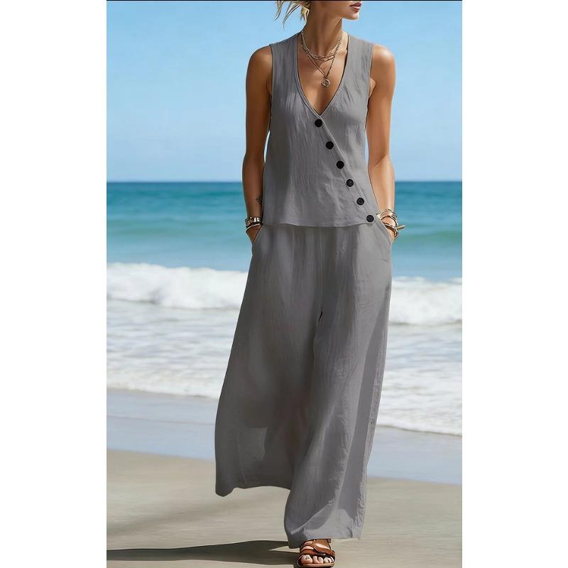 

Womens Casual Sleeveless Button Top And Wide Leg Pants Two Piece Set S