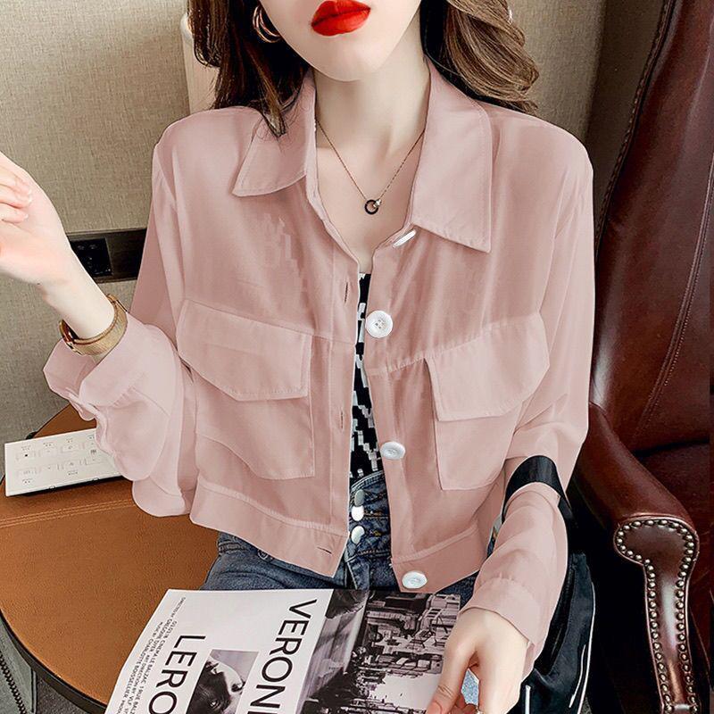 

Women s Long Sleeve White Chiffon Shirt - Korean Style, Lightweight Summer Top, Elegant Workwear & Sun Protection Large рожевий