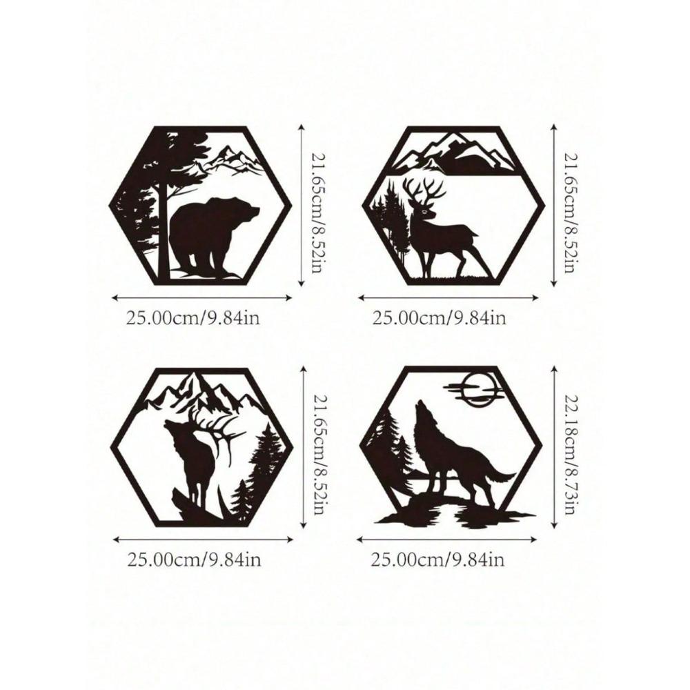 

4-Pack Hexagon Metal Wall Art Set Deer Wolf Bear Black Animal Sculptures Rustic Home Decor Living Room Bedroom Office Gift різнокольоровий