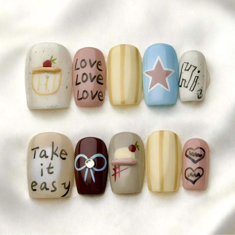 Handmade French Tip 3D Embossed Stripe Gradient Nail Art Set Vacation Style Wearable Press-On Nails AW1179