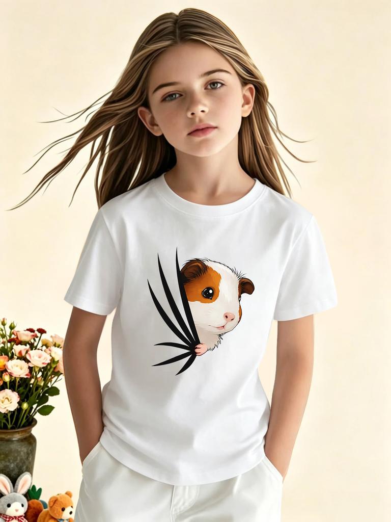 Peeking Guinea Pig Break Through Print T Shirt Family Matching Outfit Boys Girls Kid Short Sleeve Cute Animal Children Daily Tee