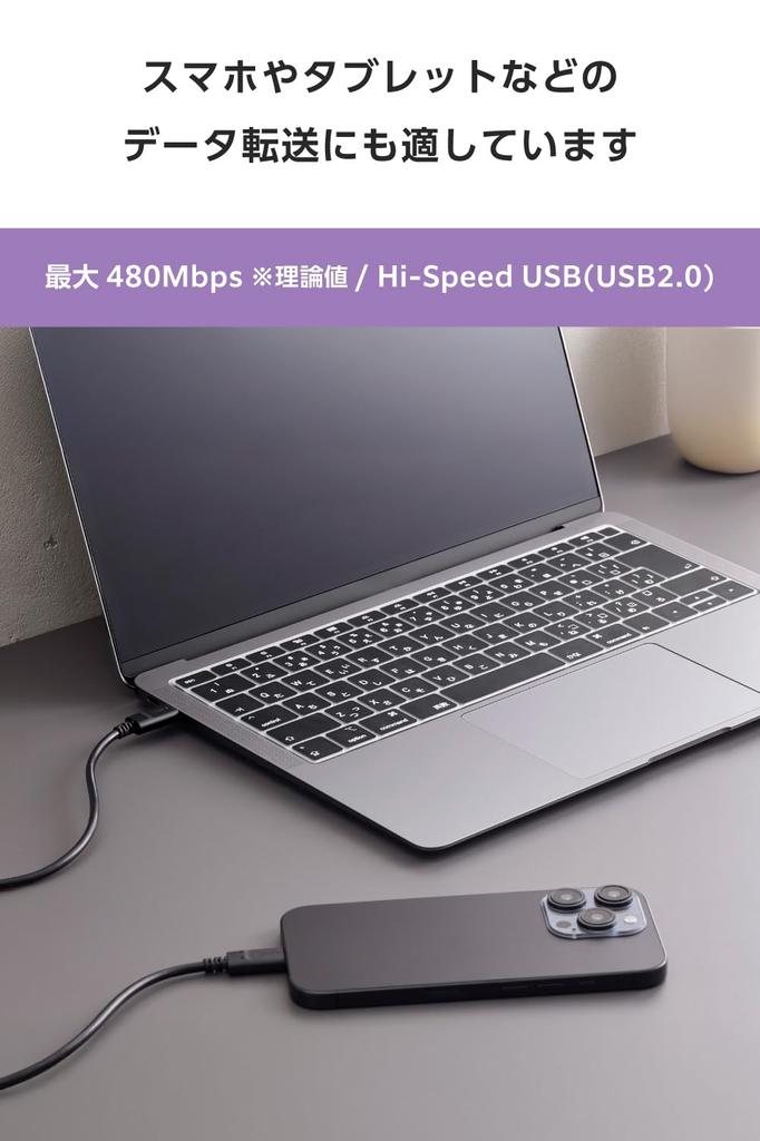 Elecom USB Typ C 240W PD Schnelldaten Automatische Spannung iPhone Kabel, 2m, Kompatibel, Laden, Kommunikation, Anpassung, Laden, Schwarz, MPA-CCPE20BK