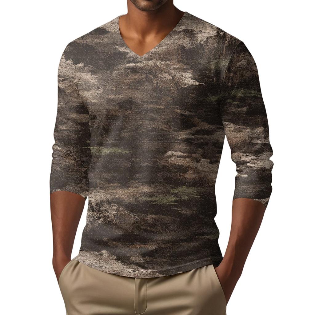 Herren V-Ausschnitt Lässig Mode Bedrucktes Langarm T-Shirt Top