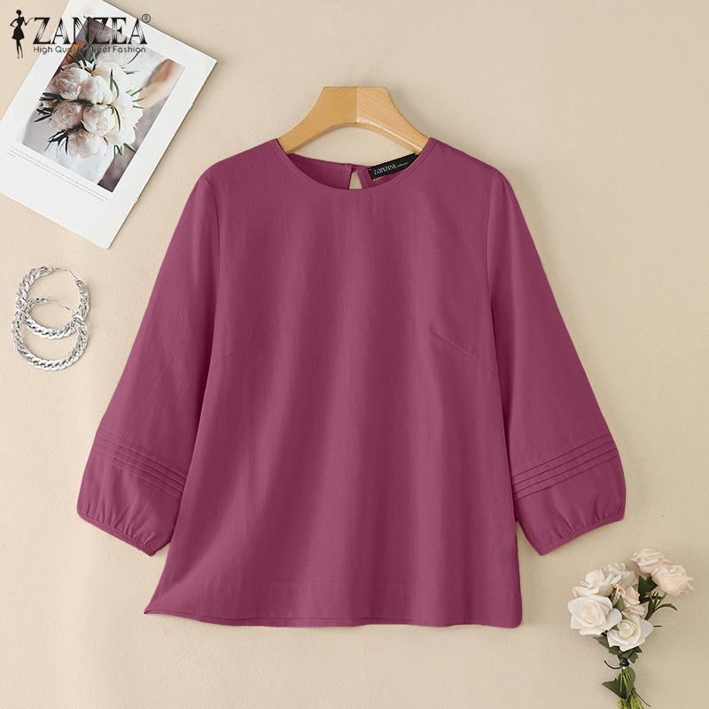 ZANZEA Women Casual Round Neck Solid Color 3/4 Sleeve Blouse
