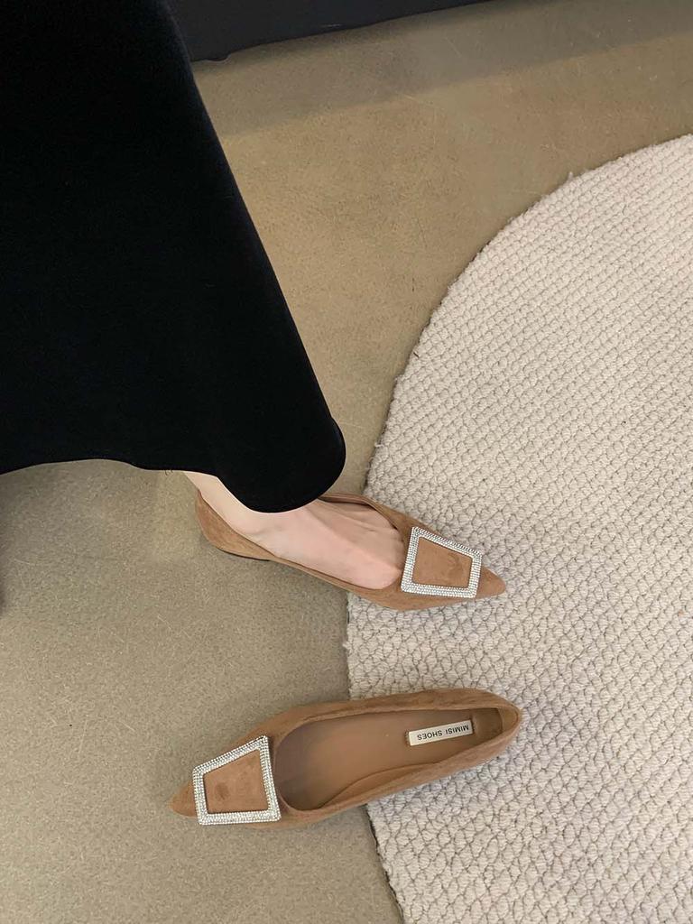 Fashion Khaki/Black Women Flats Loafers Pointed Toe Shallow Slip On Ladies Dress Shoes Rhinestone Buckle Flat Low Heeled Fashion Daily