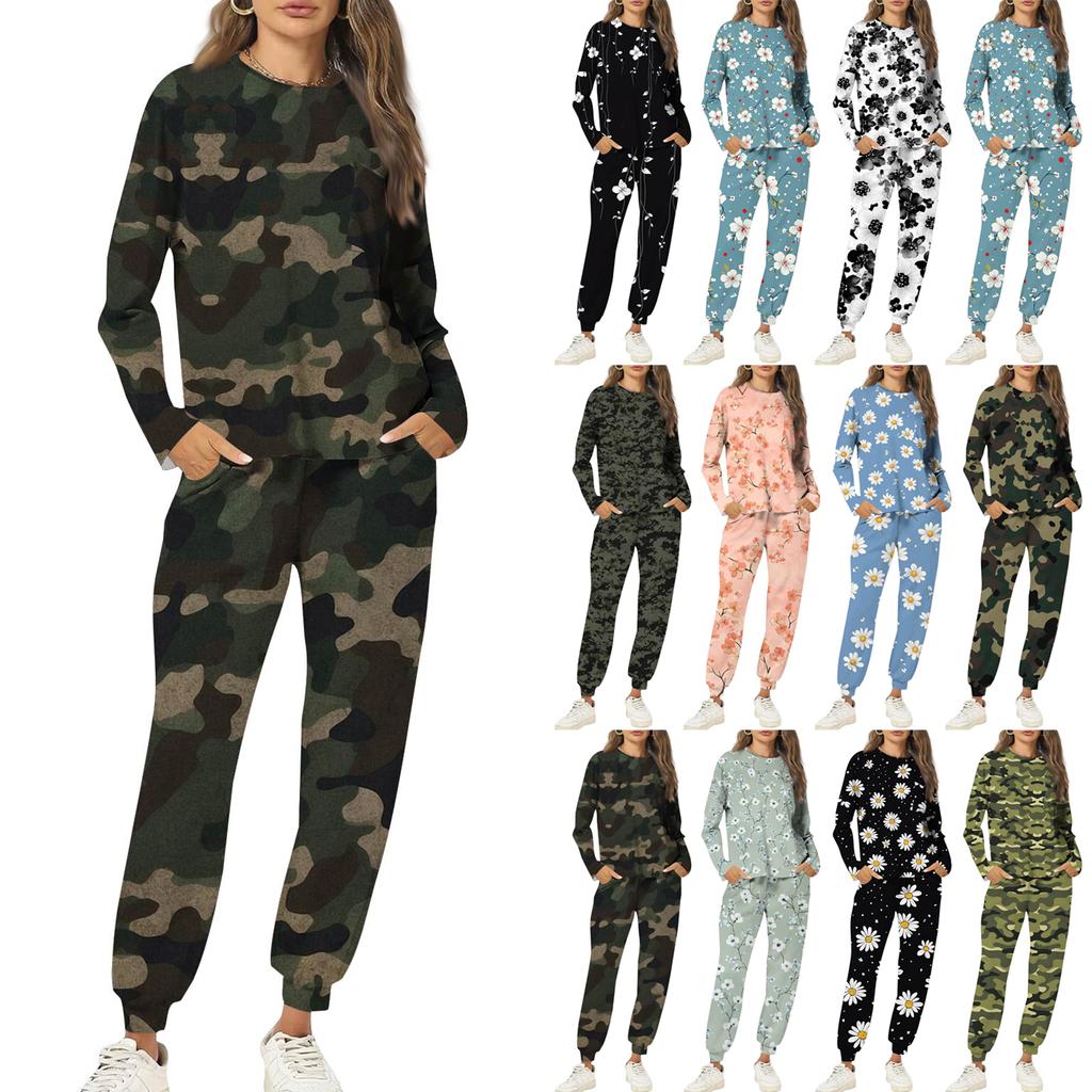 Sets für Damen 2-teilig Rundhals Langarmshirts Bedruckte Jogginghosen Taschensets