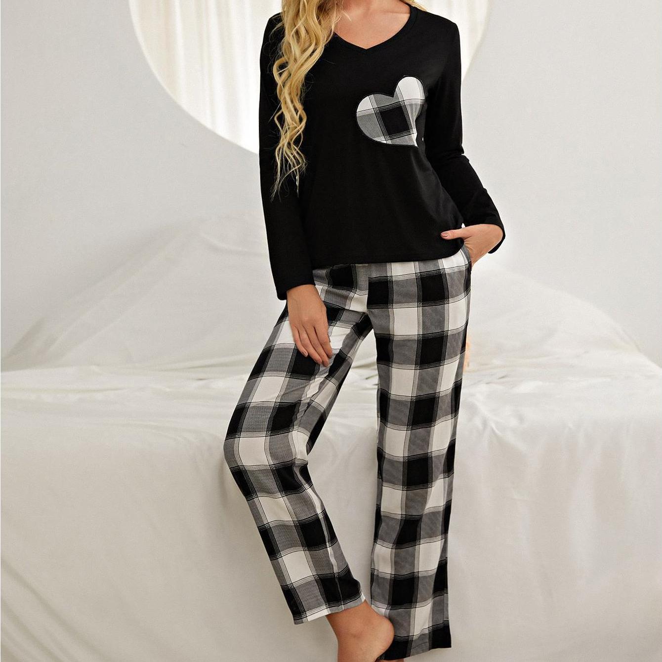 

Женский пижамный костюм с длинными рукавами, рубашка с v-образным вырезом и принтом, клетчатые брюки, комплект из 2 предметов, удобная одежда для отдыха, весенне-осенняя домашняя одежда XL чёрный/белый