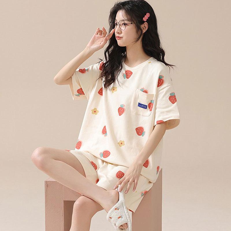 Factory Women's Pajamas Summer Cotton Short-sleeved Shorts Set New Year's Simple Casual Thin Loungewear