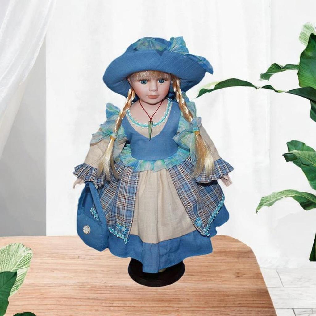 15.75'' Porcelain Doll Ceramic Beautiful with Hat and Hair Decorative for Ornament
