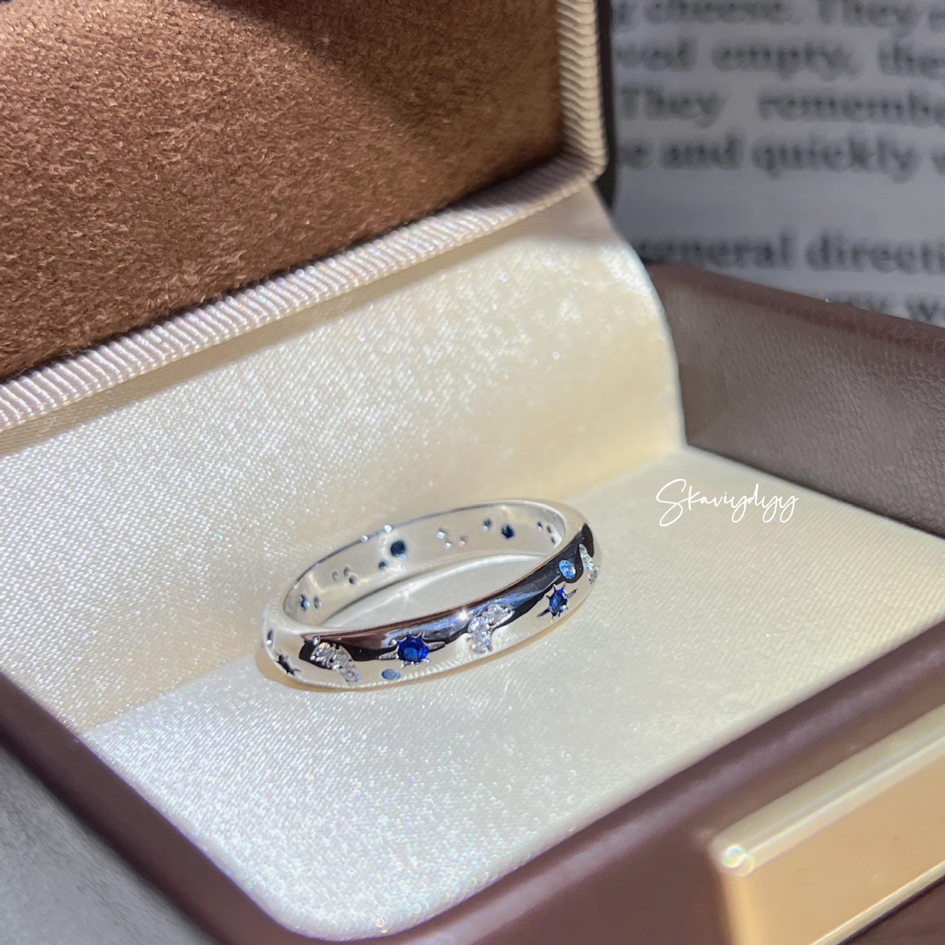 European Hot-Selling Blue Zircon Starry Sky Ring with Diamond Moon Inlay for Couples Size 10