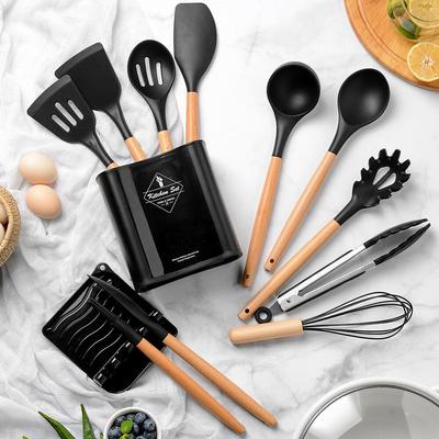 Conjunto de utensílios de cozinha de silicone, conjunto de utensílios de cozinha antiaderente, espátula, pá, batedores de ovos, cabo de madeira, conjunto de ferramentas de cozinha