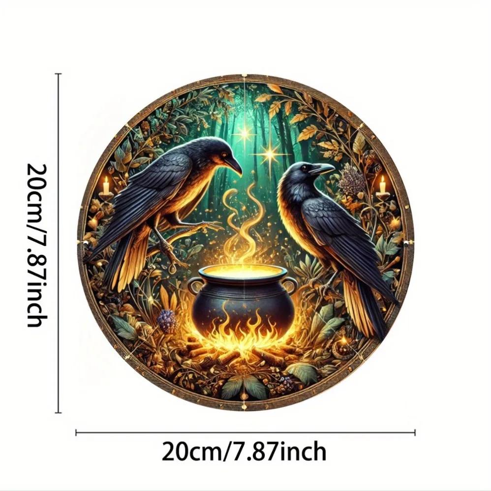 Retro circular metal tin sign with crow and big pot pattern perfect gift retro holiday party metal circular sign wall